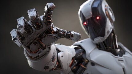 Fototapeta premium Metallic humanoid robot reaching forward with luminous crimson eyes, revealing intricate mechanical design against shadowy technological landscape