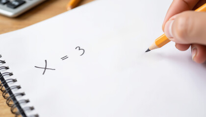 Hand writing equation on notepad with pencil and calculator nearby  