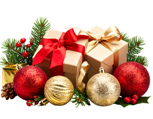 Elegant Christmas presents adorned with ribbons, alongside festive baubles and natural winter elements.