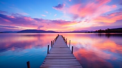 Golden sunrise over the lake with a wooden pier extending into the calm water, reflecting the vibrant sky and distant landscape