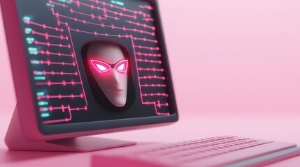 Futuristic Alien Face on Computer Screen with Pink Aura