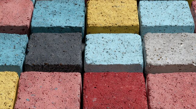 Multicolored concrete pavers creating geometric grid, highlighting architectural landscaping with textural surface and contemporary urban design aesthetic