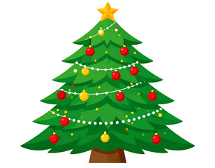 Fototapeta premium A vibrant cartoon Christmas tree adorned with colorful baubles and twinkling lights, ready for festive celebrations.