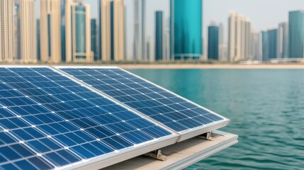 Solar Panels Overlooking Urban Skyline With Water Reflection