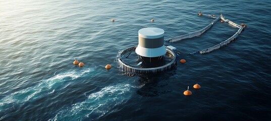 Advanced Ocean Cleanup Station Surrounded by Smart Buoys and Environmental Sensors in Actionable Marine Waste Collection Background Scene