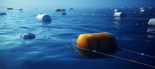 Advanced Ocean Cleanup Station Surrounded by Smart Buoys and Environmental Sensors in Actionable Marine Waste Collection Background Scene
