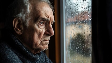 Elderly man with a somber expression gazes out a rain-speckled window, reflecting a moment of deep contemplation or sadness.