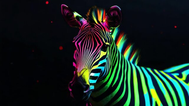 Colorful Zebra with Rainbow Mane on Black Background Featuring Glowing Effects and Subtle Head Movements in 4K