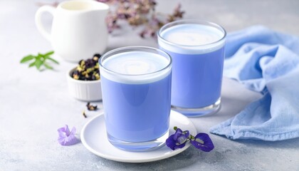Lavender tea with milk served in glass cups, garnished with edible flowers, placed on a light surface with a blue napkin