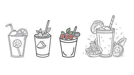 Line art illustration of a smoothie glass with a straw and toppings, minimalist and clean vector design capturing refreshing beverage, healthy drink, and casual lifestyle in a simple and elegant style