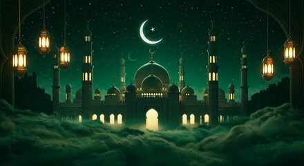 Night view of a beautiful mosque with domes and historic architecture in the city