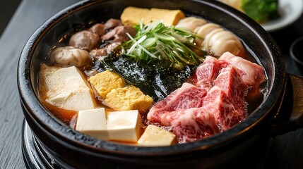 A bowl of hot Japanese sukiyaki with marbled beef, tofu, mushrooms, seaweed, and vegetables in a savory broth.