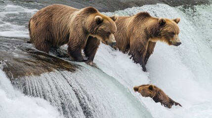 Obraz premium Three brown bears, one cub, amidst a cascading waterfall, observing the splashing water