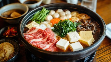 A delicious hot pot filled with thinly sliced beef, tofu, mushrooms, vegetables, and meatballs, served in a rustic black pot on a wooden table.