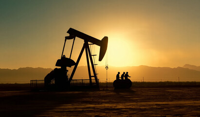 Oil extraction process at sunrise oil field silhouette natural landscape industrial view energy concept