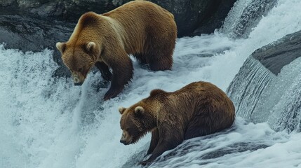 Two brown bears fishing in a rushing river cascading down rocks and boulders