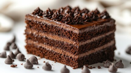Delicious dark chocolate cake slice with rich frosting and chocolate chips invites indulgence and sweet cravings.