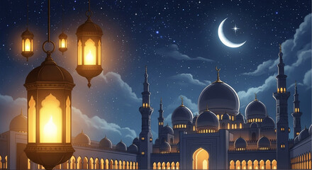 Night view of a beautiful mosque with domes and historic architecture in the city sky