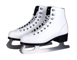 A pristine pair of gleaming white figure skates ready for elegant glides on the ice.