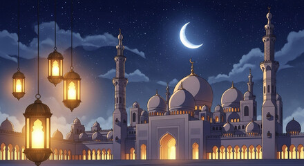 Night view of a famous mosque with domes and minarets in the city sky