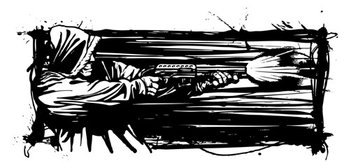 Hooded Figure Firing Weapon: A stylized black and white illustration of a hooded figure firing a weapon, set against a backdrop of intense, dynamic lines.