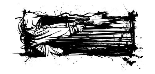 Silhouette Action: A stylized monochrome illustration portrays a cloaked figure amidst a dynamic action scene, with a gun and streaks evoking motion and intensity.