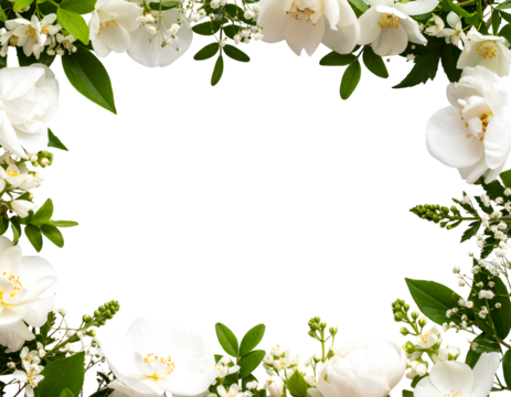 A vibrant arrangement of delicate white flowers and lush green leaves creates a beautiful natural frame.