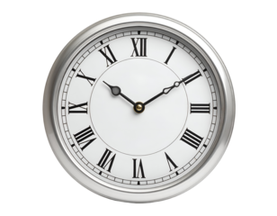 A classic silver-framed clock with Roman numerals elegantly displays the passage of time