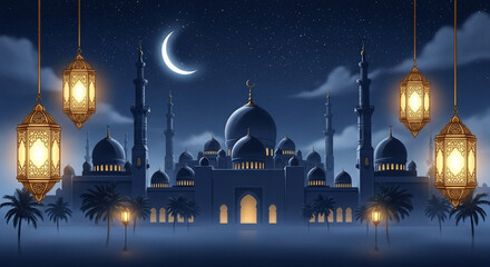 Night illuminates the majestic mosque, its dome and minarets rising against the sky, a landmark of Islamic architecture and culture in cities like Kazan or Istanbul