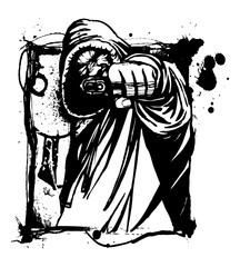 Ink Portrait of a Figure: A striking ink portrait of a hooded figure, conveying an aura of mystery, holding a pistol, rendered in dynamic brushstrokes and bold contrasts. 