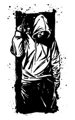 Shadowed Threat: A hooded figure wielding a handgun, creating a stark monochrome image and an atmosphere of mystery and foreboding.