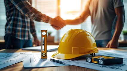 yellow safety helmet on workplace desk with construction worker team hands shaking greeting start up plan new project contract in office center at construction site, partnership and contractor concept