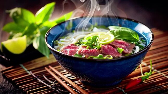 A steaming bowl of Vietnamese pho with rare beef and rice noodles. Slow pan. 4K.
