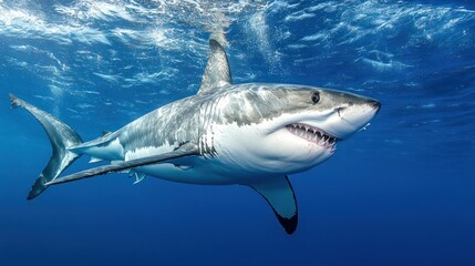 Fototapeta premium Great white shark swims just under the sea's surface in clear, deep blue water