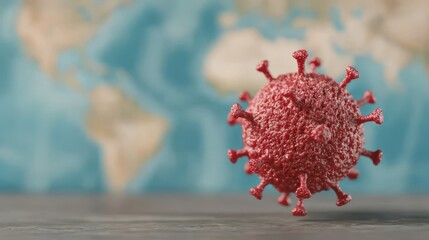 Red Virus Model on Table with World Map in Background