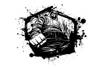 Powerful Fist Graphic: A dramatic black and white illustration of a powerful fist emerging from a hexagonal frame, surrounded by ink splatters. The image conveys strength, and determination.