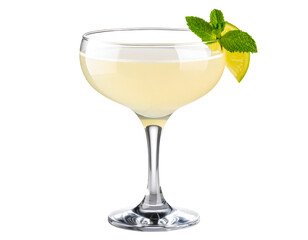 Elegant and refreshing, a vibrant cocktail in a coupe glass is beautifully garnished with fresh lime and mint.
