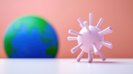 Virus model on table with globe and pastel background