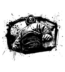 Ink Sketch of a Determined Figure: A powerful illustration, rendered in striking monochrome, showcasing a determined figure enveloped by a hooded sweatshirt. The artwork conveys strength, resolve.