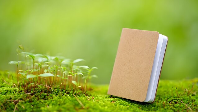 Eco friendly notebook mockup on moss background for sustainable business branding