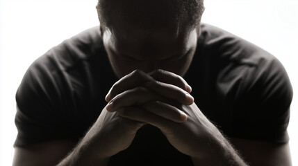 The pose conveys deep sadness or resignation. A person with their shoulders slumped forward, head bowed, and hands clasped loosely in front of them. 