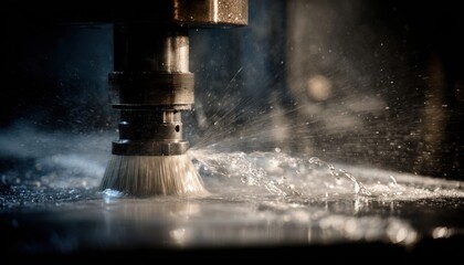Precision water jet cutting machine in action, showcasing powerful spray and intricate detail.
