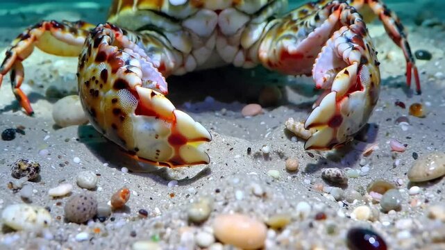 Close-up of a vibrant red crab on the sandy beach, its intricate shell and powerful claw highlighted against the ocean's blue water, perfectly capturing the essence of marine life and seafood 4k anima