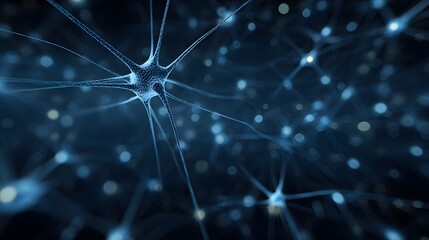 Futuristic AI inspired abstract background digital neuron network glowing node complex wireframe mesh set against custom deep blue black background angled cinematic human eye view great AI tech