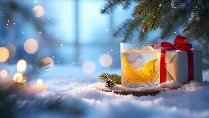 Christmas cocktail recipe with gift and tree for holiday celebration and cheer