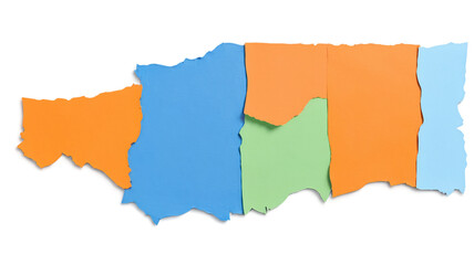 Abstract arrangement of torn paper shapes in bright orange blue and green colors