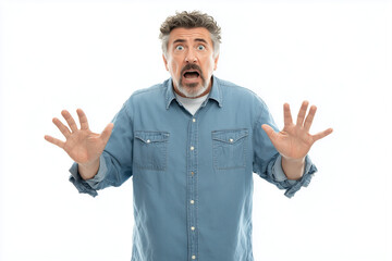 A middle-aged man frozen in a startled stance, eyes wide open and mouth agape, shoulders raised in tension, palms facing outward as if caught off-guard, isolated on white background, 
