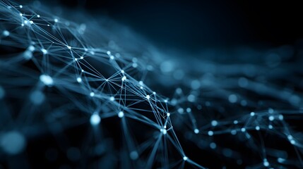 Futuristic AI inspired abstract background digital neuron network glowing node complex wireframe mesh set against custom deep blue black background angled cinematic human eye view great AI tech