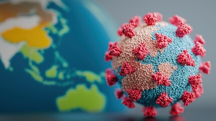 Virus Model with World Map Background for Global Health Concept