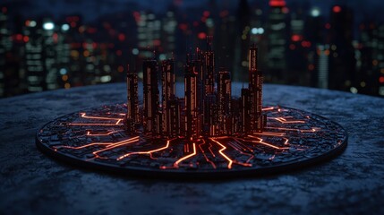 Futuristic cityscape with glowing circuitry and skyline details